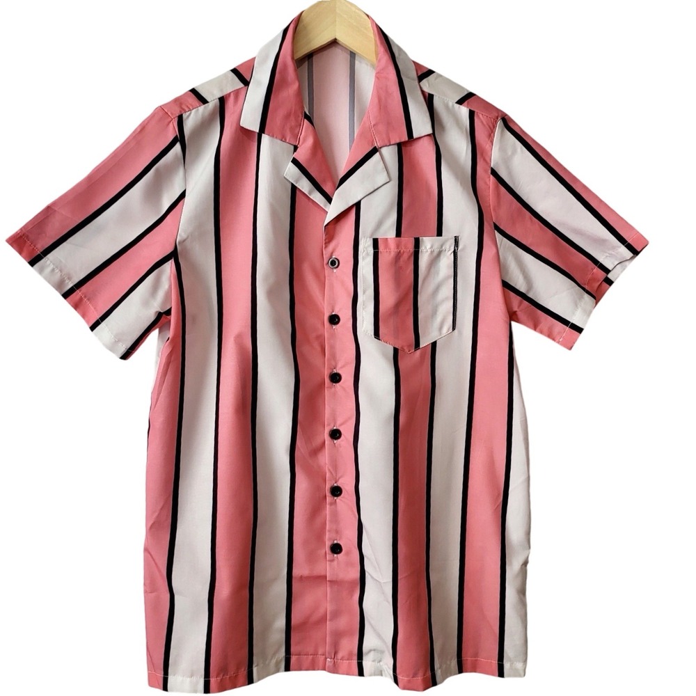 Romwe Mens Striped Silky Short Sleeve‎ Button Up Shirt S Pink/White/Black